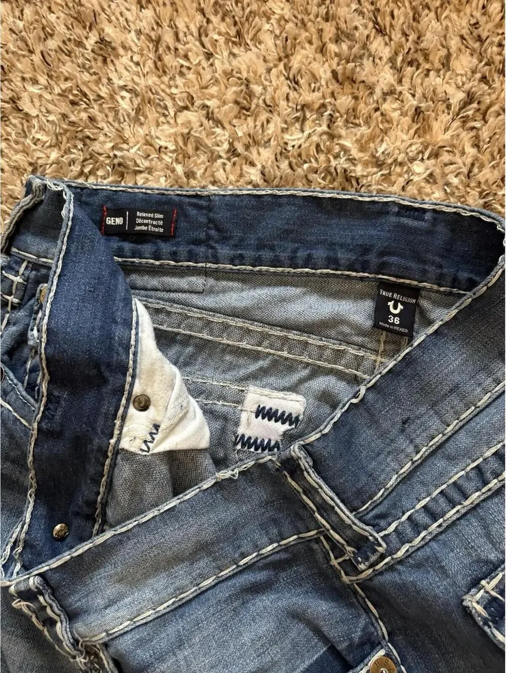 True Religion Geno Relaxed Slim Men's Size 36x33 Blue Jeans W Flap Super T